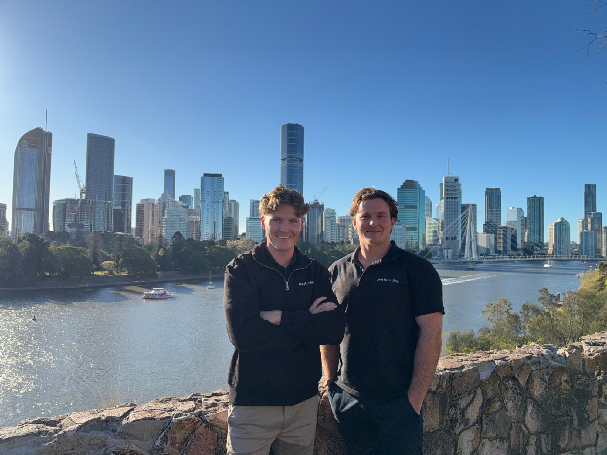 Lachlan Kosanic and Jack Pate, PlatformOne's co-founders, above the Brisbane River